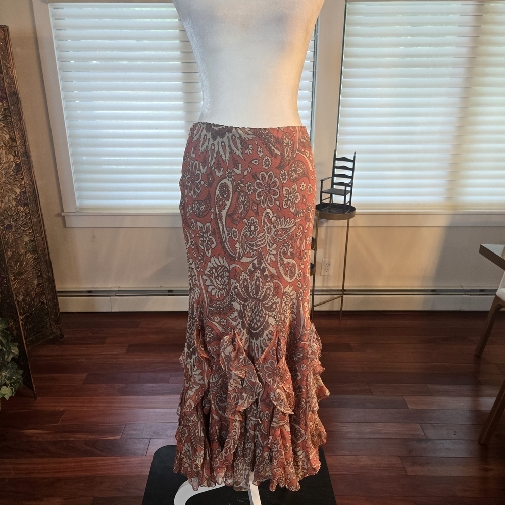 100% Silk Y2K Ruffled Paisley Floral Maxi Skirt Pink Cream Womens Size 14